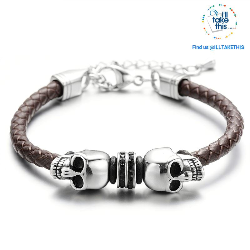 Men's Leather braided twin Skulls Bracelet 316l Stainless Steel Clasp with Adjustable Chain - I'LL TAKE THIS
