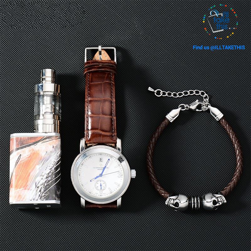 Men's Leather braided twin Skulls Bracelet 316l Stainless Steel Clasp with Adjustable Chain - I'LL TAKE THIS