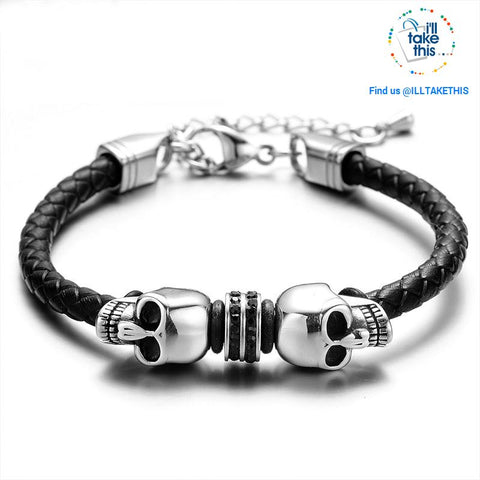 Image of Men's Leather braided twin Skulls Bracelet 316l Stainless Steel Clasp with Adjustable Chain - I'LL TAKE THIS