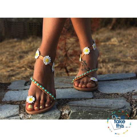 Image of Greek Vegan Leather Slip-on Sandals with Daisy Textile Flowers, Chic and Minimal Bohemian Sandals - I'LL TAKE THIS