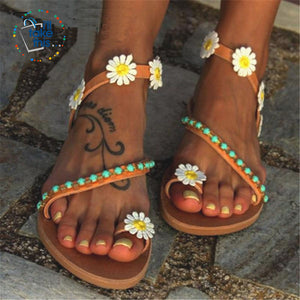Greek Vegan Leather Slip-on Sandals with Daisy Textile Flowers, Chic and Minimal Bohemian Sandals - I'LL TAKE THIS