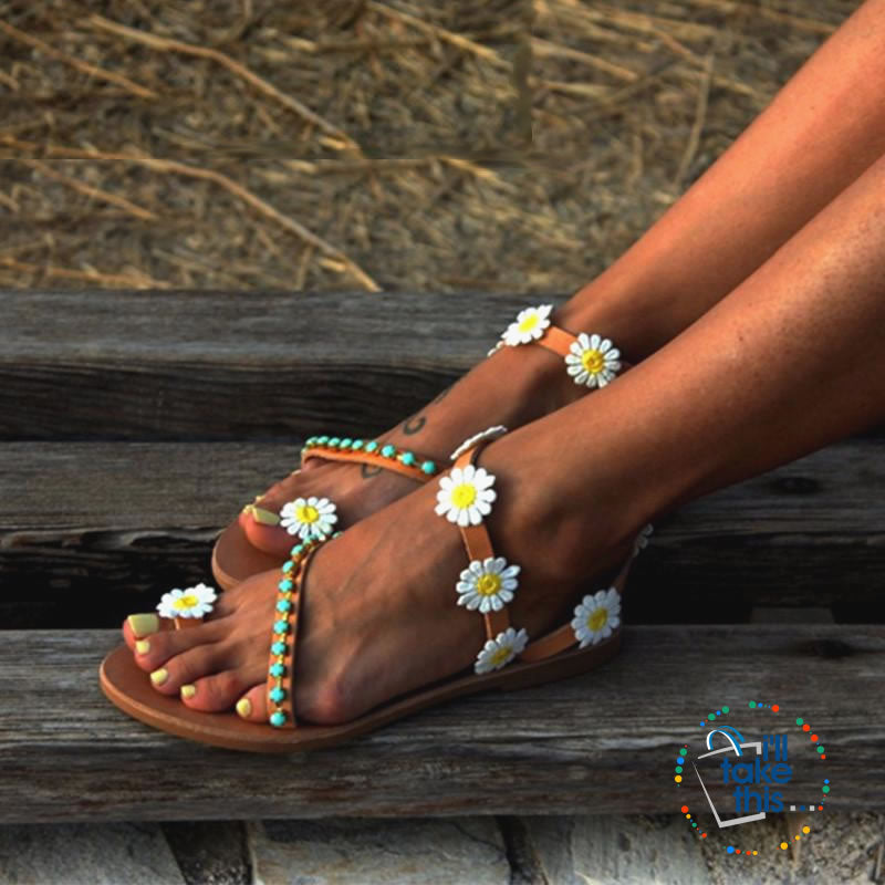 Greek Vegan Leather Slip-on Sandals with Daisy Textile Flowers, Chic and Minimal Bohemian Sandals - I'LL TAKE THIS