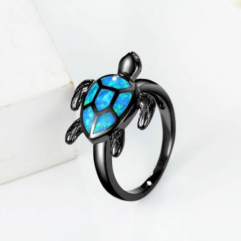 Blue Opal Turtle Women's Black or Silver Rings - 7 Sizes 💍
