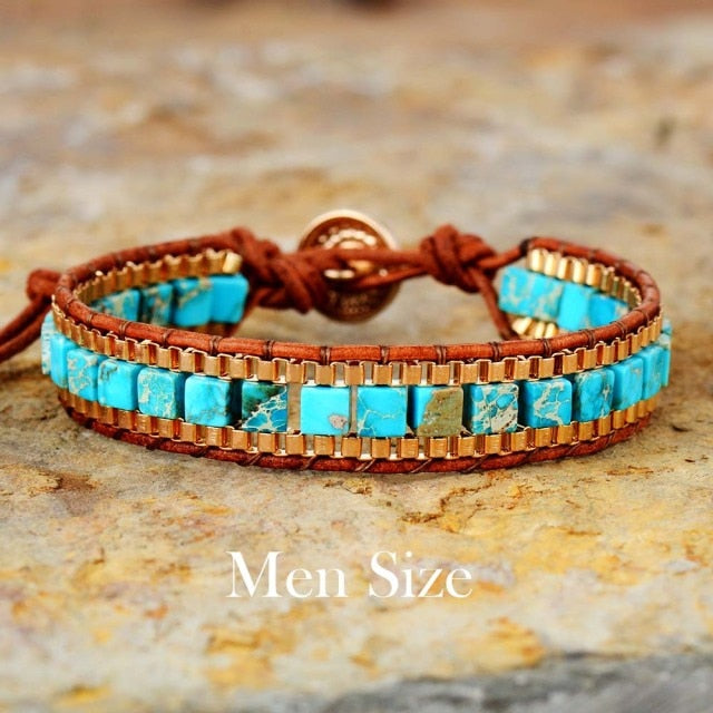 His and Her's Matching Bracelets, in Turquoise/Royal Blue Stones Gold Chain Woven Wrap accents