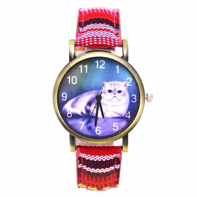 Cute Lucky Cat Ladies / Girl Fashion Quartz Watches -  Denim Stripes Wristwatch - I'LL TAKE THIS