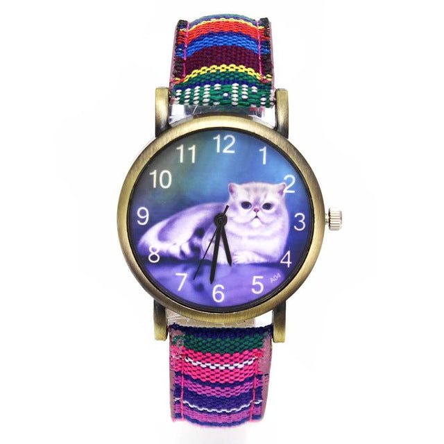 Cute Lucky Cat Ladies / Girl Fashion Quartz Watches -  Denim Stripes Wristwatch - I'LL TAKE THIS