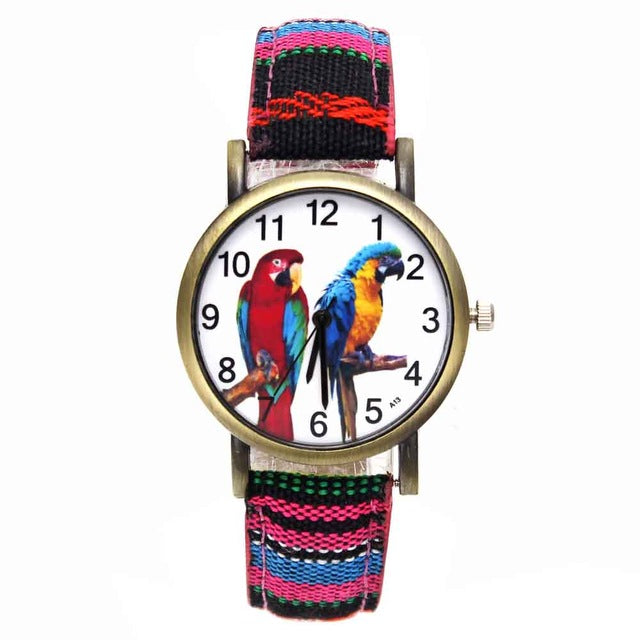 Colorful 2 Parrot Parakeet Pet Bird Animal Watches for Women with Fashion Stripes Denim Wristband - I'LL TAKE THIS