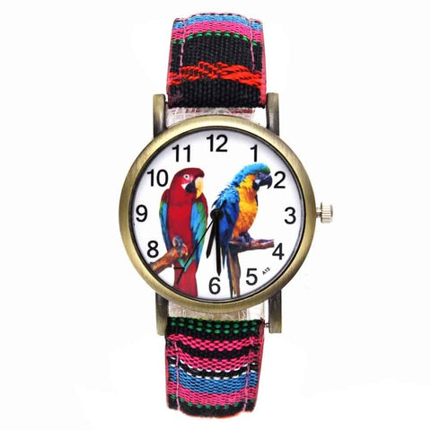 Image of Colorful 2 Parrot Parakeet Pet Bird Animal Watches for Women with Fashion Stripes Denim Wristband - I'LL TAKE THIS