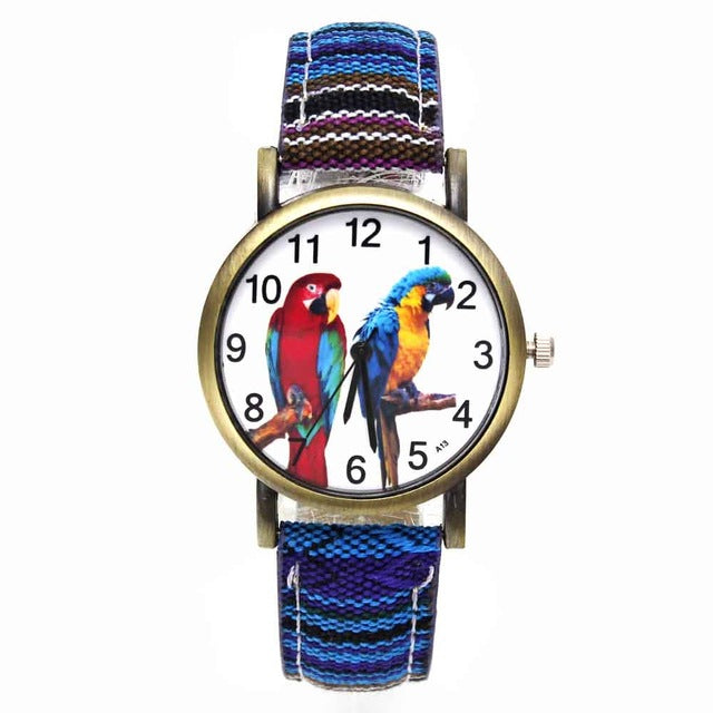 Colorful 2 Parrot Parakeet Pet Bird Animal Watches for Women with Fashion Stripes Denim Wristband - I'LL TAKE THIS