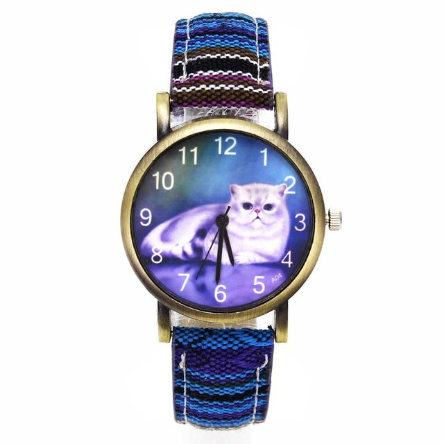Cute Lucky Cat Ladies / Girl Fashion Quartz Watches -  Denim Stripes Wristwatch - I'LL TAKE THIS