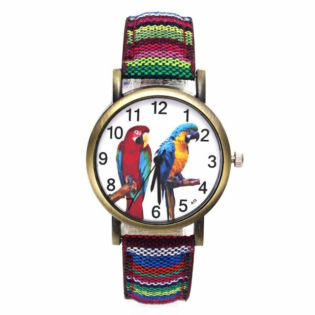 Colorful 2 Parrot Parakeet Pet Bird Animal Watches for Women with Fashion Stripes Denim Wristband - I'LL TAKE THIS