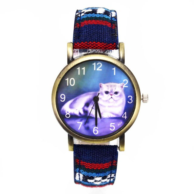 Cute Lucky Cat Ladies / Girl Fashion Quartz Watches -  Denim Stripes Wristwatch - I'LL TAKE THIS
