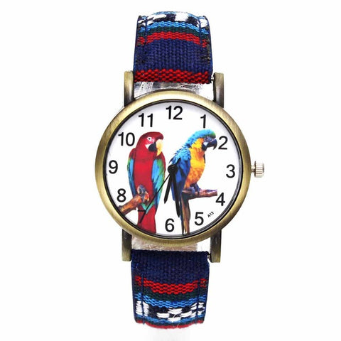 Image of Colorful 2 Parrot Parakeet Pet Bird Animal Watches for Women with Fashion Stripes Denim Wristband - I'LL TAKE THIS