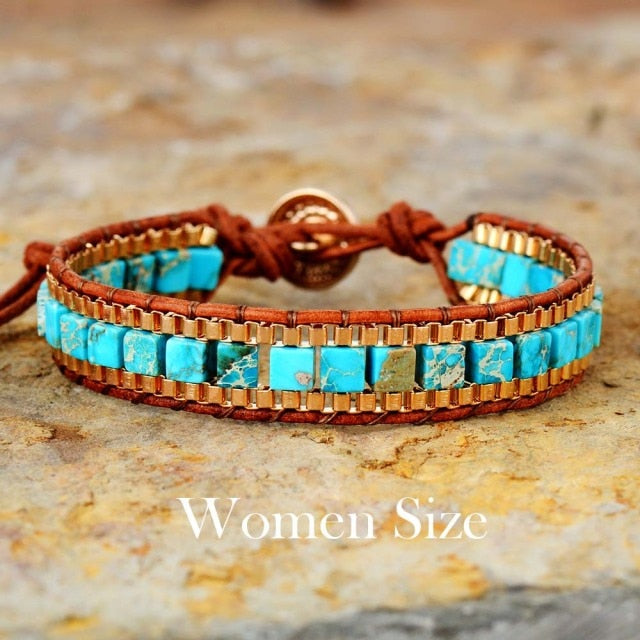 His and Her's Matching Bracelets, in Turquoise/Royal Blue Stones Gold Chain Woven Wrap accents