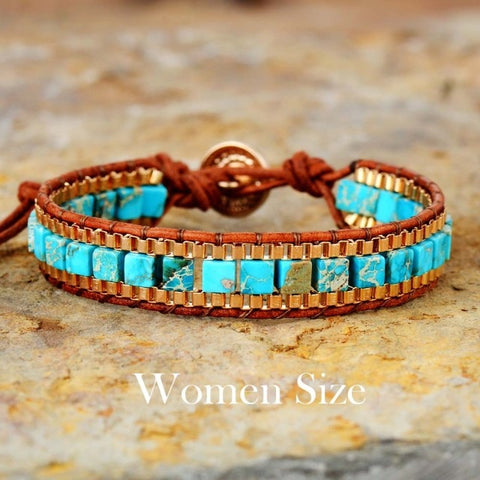 Image of His and Her's Matching Bracelets, in Turquoise/Royal Blue Stones Gold Chain Woven Wrap accents