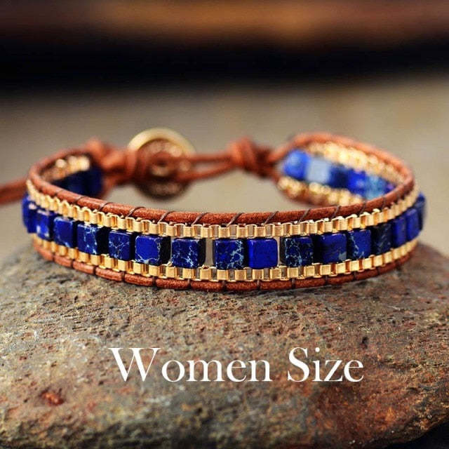 His and Her's Matching Bracelets, in Turquoise/Royal Blue Stones Gold Chain Woven Wrap accents