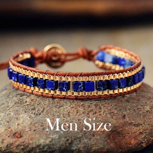 His and Her's Matching Bracelets, in Turquoise/Royal Blue Stones Gold Chain Woven Wrap accents
