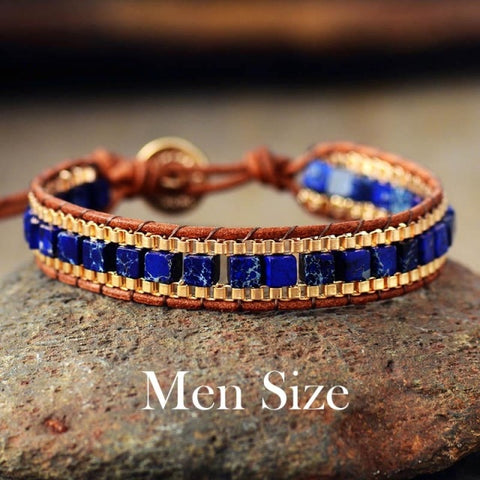 Image of His and Her's Matching Bracelets, in Turquoise/Royal Blue Stones Gold Chain Woven Wrap accents