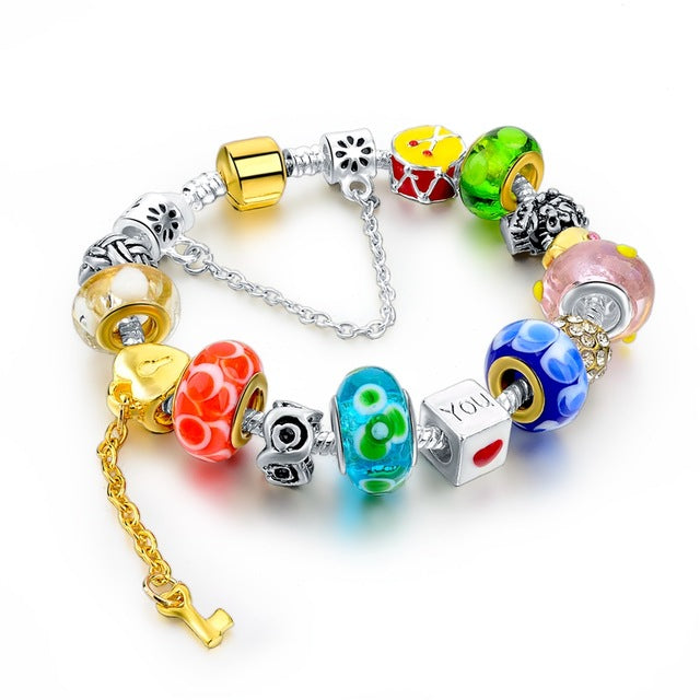 Crystal Flower Multi colored Charm Bracelet Platinum Plated Silver Bracelet, Bangles Jewelry - I'LL TAKE THIS