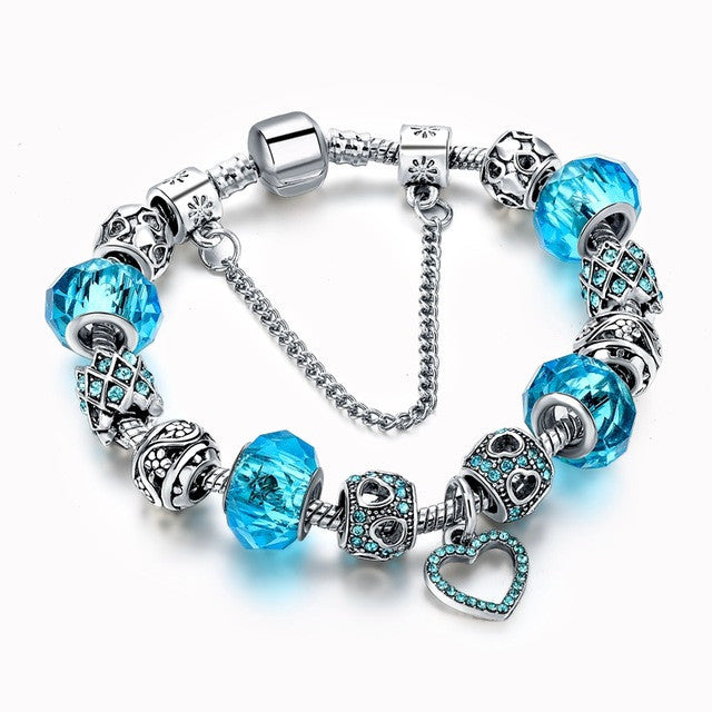 Charm Bracelets - Silver Plated with Heart design in Blue, Green, Pink with Crystal Beads - I'LL TAKE THIS