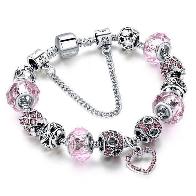 Charm Bracelets - Silver Plated with Heart design in Blue, Green, Pink with Crystal Beads - I'LL TAKE THIS