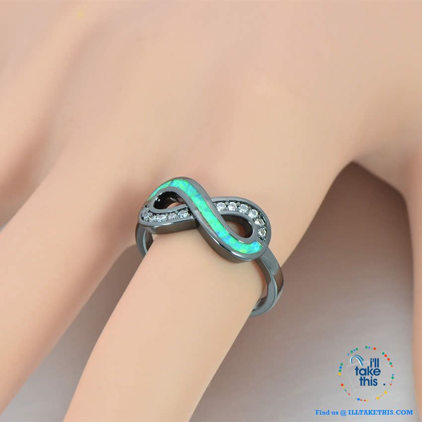 ๐ Infinity Green Fire Opal Ring Accented with Crystal studs Black Gold Filled Women's Rings - I'LL TAKE THIS