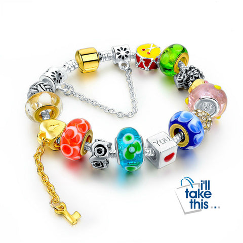 Image of Crystal Flower Multi colored Charm Bracelet Platinum Plated Silver Bracelet, Bangles Jewelry - I'LL TAKE THIS