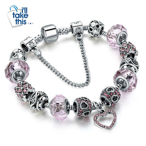 Charm Bracelets - Silver Plated with Heart design in Blue, Green, Pink with Crystal Beads