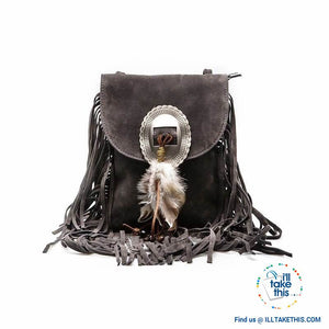 Women's Handbag/Crossbody Shoulder bag - Boho Inspired Tassels fringes and a Feather Buckle