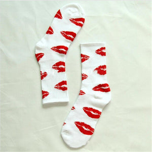 Cute Long Crew Sock Of Red Lip Kiss Pattern For Men or Women in Black or White Sox color