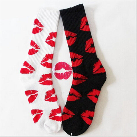 Image of Cute Long Crew Sock Of Red Lip Kiss Pattern For Men or Women in Black or White Sox color - I'LL TAKE THIS