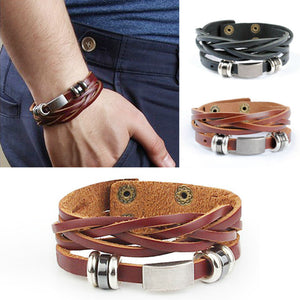 Men's Multi-wrap Leather Bracelets in brown/black with stainless buckle Great male jewelry cool look