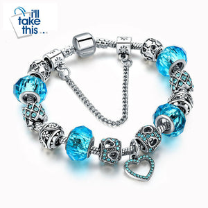 Charm Bracelets - Silver Plated with Heart design in Blue, Green, Pink with Crystal Beads - I'LL TAKE THIS