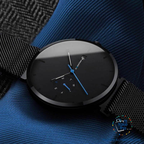 Image of Ambassador Blue Point Ultra Sleek Men's Wristwatch all Black with Mesh Stainless Wristband - I'LL TAKE THIS