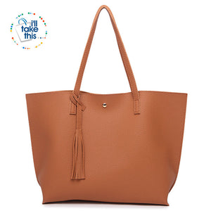 Casual Tassel Handbags in Vegan Leather Big Size Tote Shoulder Bag -10 Colors