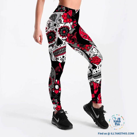 Image of Skull and flower Black Women's Leggings from S to 4XL - I'LL TAKE THIS