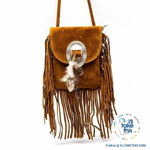 Image of Women's Handbag/Crossbody Shoulder bag - Boho Inspired Tassels fringes and a Feather Buckle - I'LL TAKE THIS