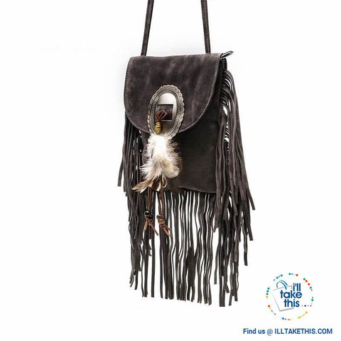Image of Women's Handbag/Crossbody Shoulder bag - Boho Inspired Tassels fringes and a Feather Buckle - I'LL TAKE THIS