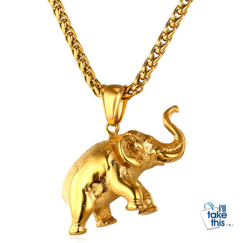 Image of Elephant 🐘 Pendant in Gold, Black or Stainless Steel Colors - Unisex with BONUS Link Chain Free - I'LL TAKE THIS