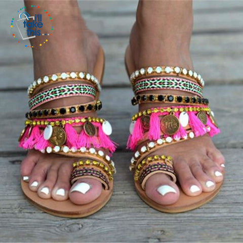 Image of Bohemian Beach Sandals, Flip Flops with gorgeous Fringe Roman Crystals Summer in Lavender - I'LL TAKE THIS