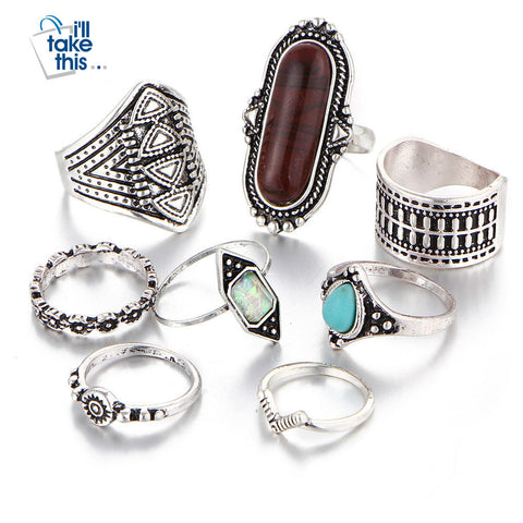 Image of Boho Beach Vintage Tibetan Turkish Crystal Silver Flower Knuckle Rings Gift pack 8pcs Midi Ring Set - I'LL TAKE THIS