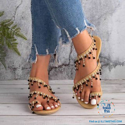 Image of Bohemian Beach Sandals, a majestic array of Black Pearls & Sparkling crystals Chic Sandals Flip-flop - I'LL TAKE THIS