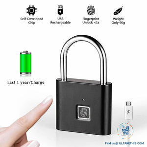 Fingerprint Padlock  - 10 Memory Quick Unlock USB Charger - Silver or Black