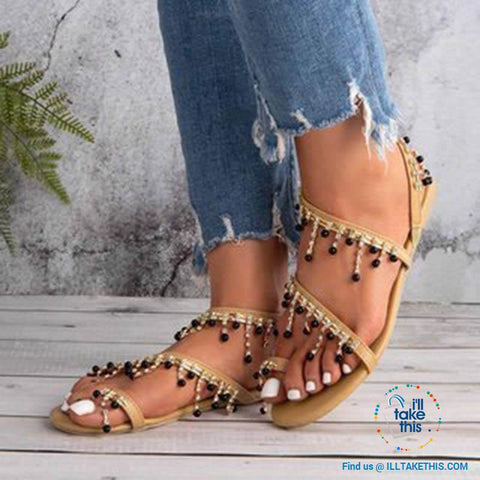 Image of Bohemian Beach Sandals, a majestic array of Black Pearls & Sparkling crystals Chic Sandals Flip-flop - I'LL TAKE THIS