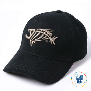 Pure Cotton Fish Bones Embroidered Baseball Fishing Caps, Black-White or Navy-Gold - I'LL TAKE THIS