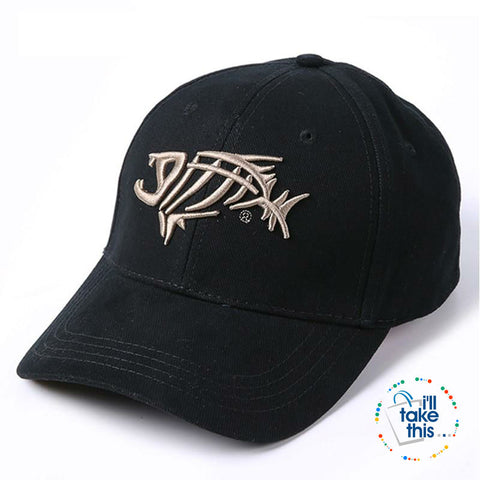 Image of Pure Cotton Fish Bones Embroidered Baseball Fishing Caps, Black-White or Navy-Gold - I'LL TAKE THIS