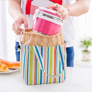 Stripe Pattern Lunch Bags Insulated Cold Canvas Drawstring Picnic Carry Case Thermal Lunch Bag
