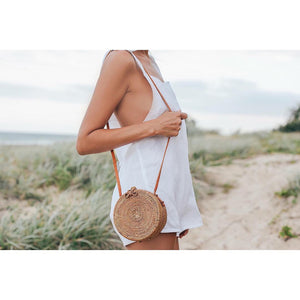 Bohemian Circular Beach Bag Hand Woven Straw + Round Butterfly Rattan buckle with real leather strap