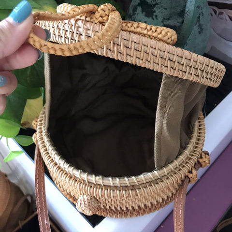 Image of Bohemian Circular Beach Bag Hand Woven Straw + Round Butterfly Rattan buckle with real leather strap - I'LL TAKE THIS