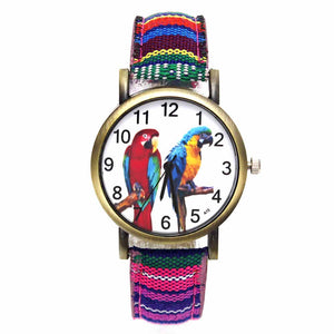 Colorful 2 Parrot Parakeet Pet Bird Animal Watches for Women with Fashion Stripes Denim Wristband - I'LL TAKE THIS